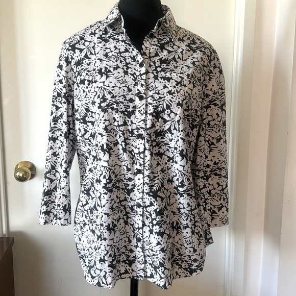 💕Lafayette 148 Blk/Wht Graphic Floral Print Cotton Button Up Shirt 6 EUC - Picture 1 of 11